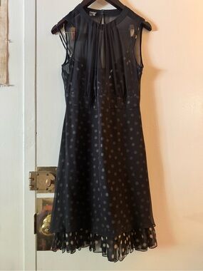 Muse Silk Black Polka Dot Sleeveless A-Line sheer overlay Dress Size 10